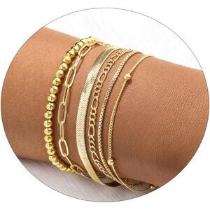 Gold Bracelet Set for Women Beaded Layered Link Herringbone Adjustable Jewelry